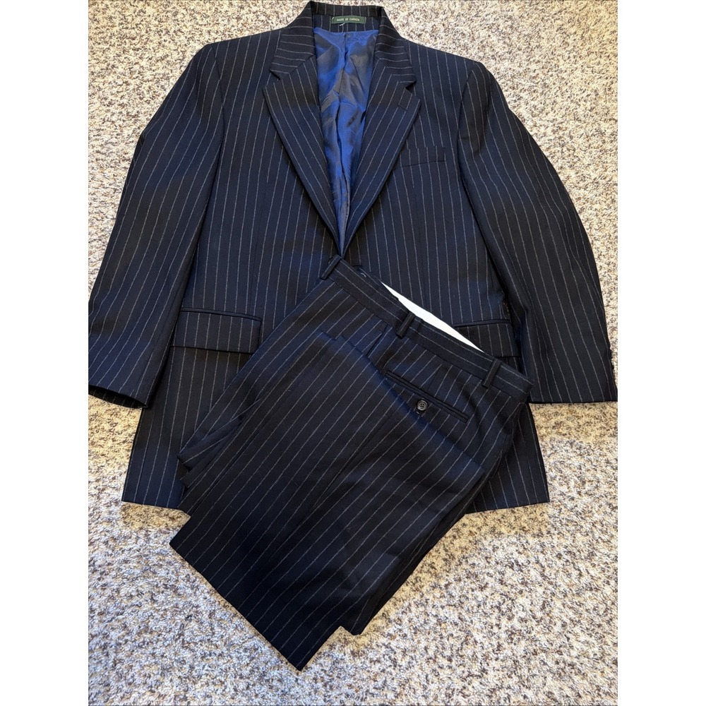 Lauren Ralph Lauren 2 Piece Suit Mens 38R Navy Blue Striped Wool/Cashmere
